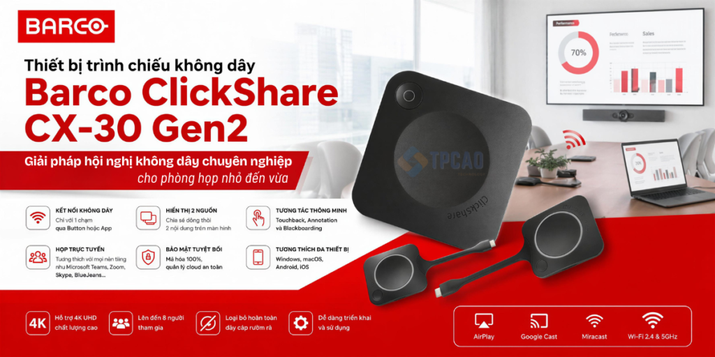 Barco Clickshare CX-30 Gen2 là thiết bị hội nghị không dây cao cấp đến từ Barco, được thiết kế dành cho các phòng họp vừa và nhỏ