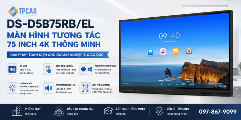 Hikvision DS-D5B75RB/EL là Màn hình tương tác 75 inch 4K thông minhcho doanh nghiệp và giáo dục