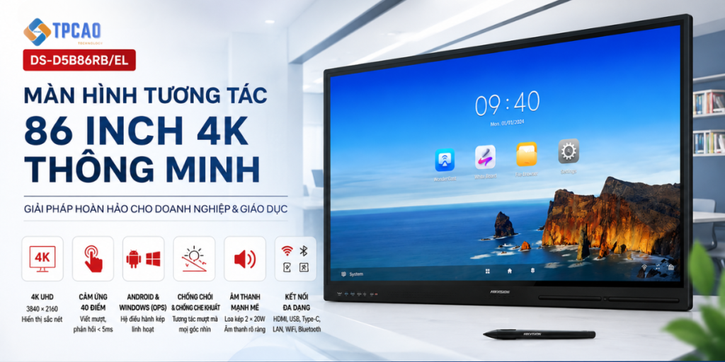 Hikvision DS-D5B86RB/EL là màn hình tương tác 86 inch 4K thông minhcho doanh nghiệp và giáo dục