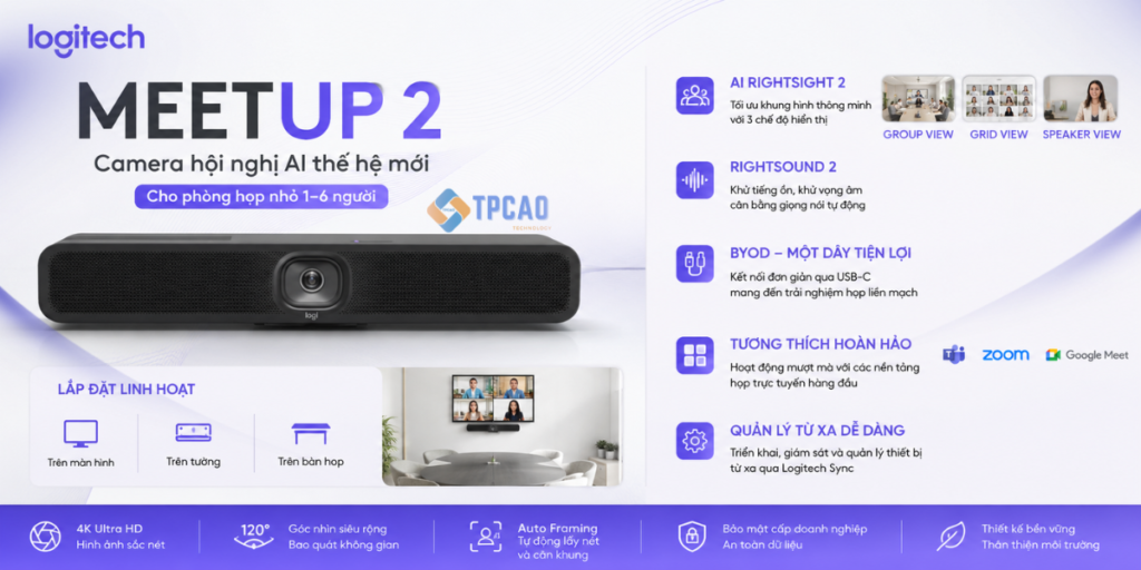 Logitech MeetUp 2 là Camera hội nghị AI thế hệ mới cho phòng họp nhỏ 1–6 người