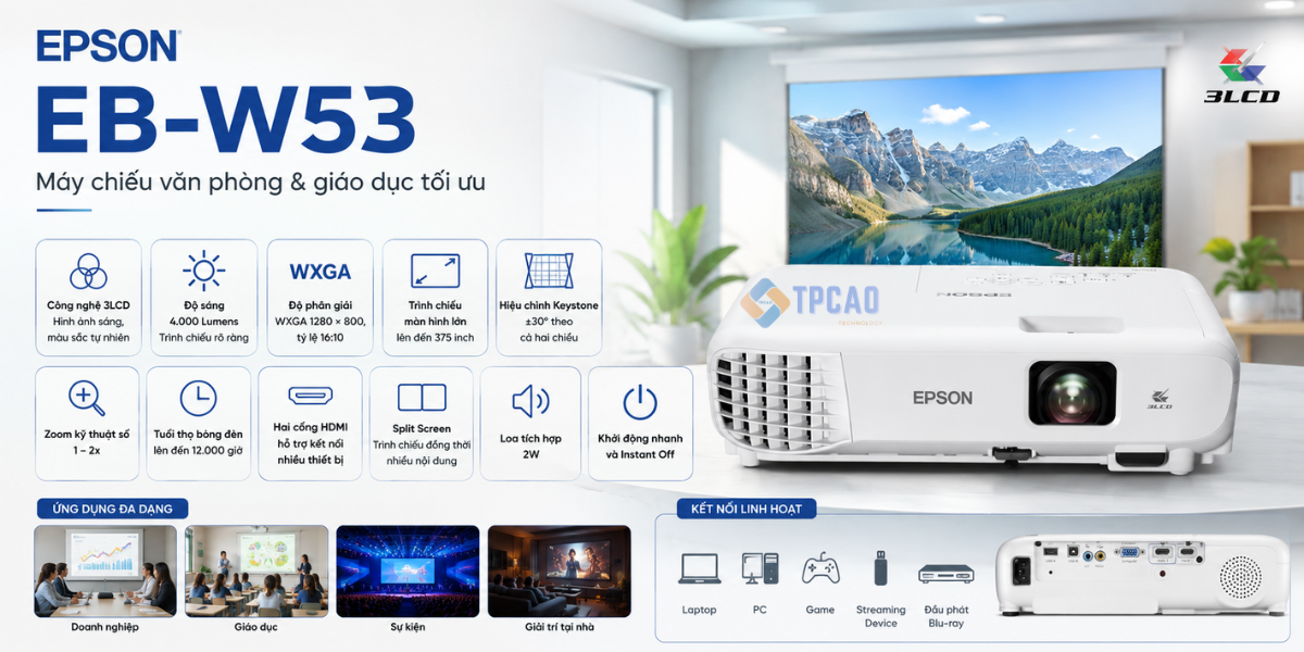 Epson EB-W53 là dòng máy chiếu WXGA được Epson phát triển cho nhu cầu trình chiếu trong văn phòng, phòng họp, lớp học, đào tạo
