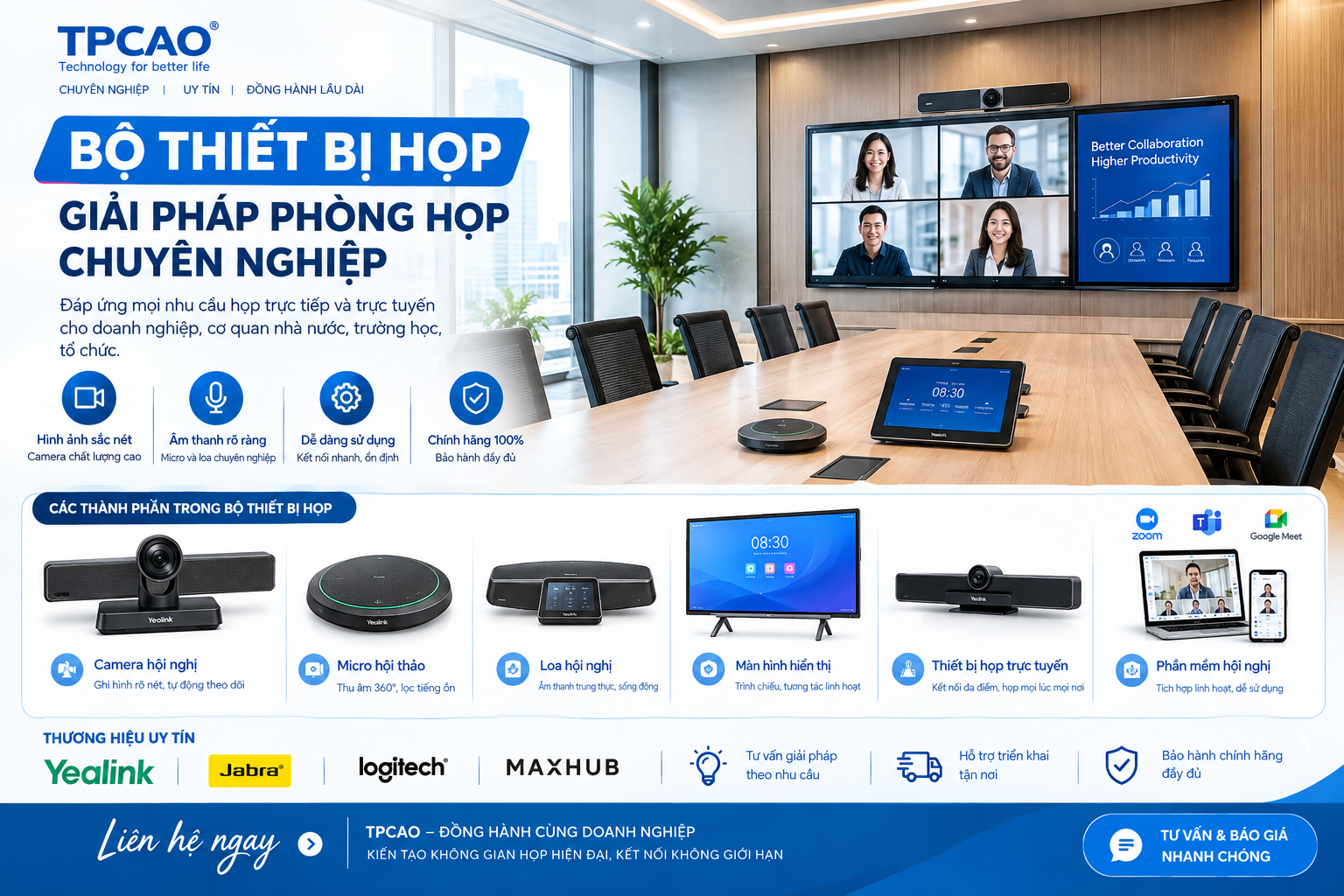 Bộ thiết bị họp chuyên nghiệp TPCAO gồm camera hội nghị, micro hội thảo, loa phòng họp và màn hình hiển thị.
